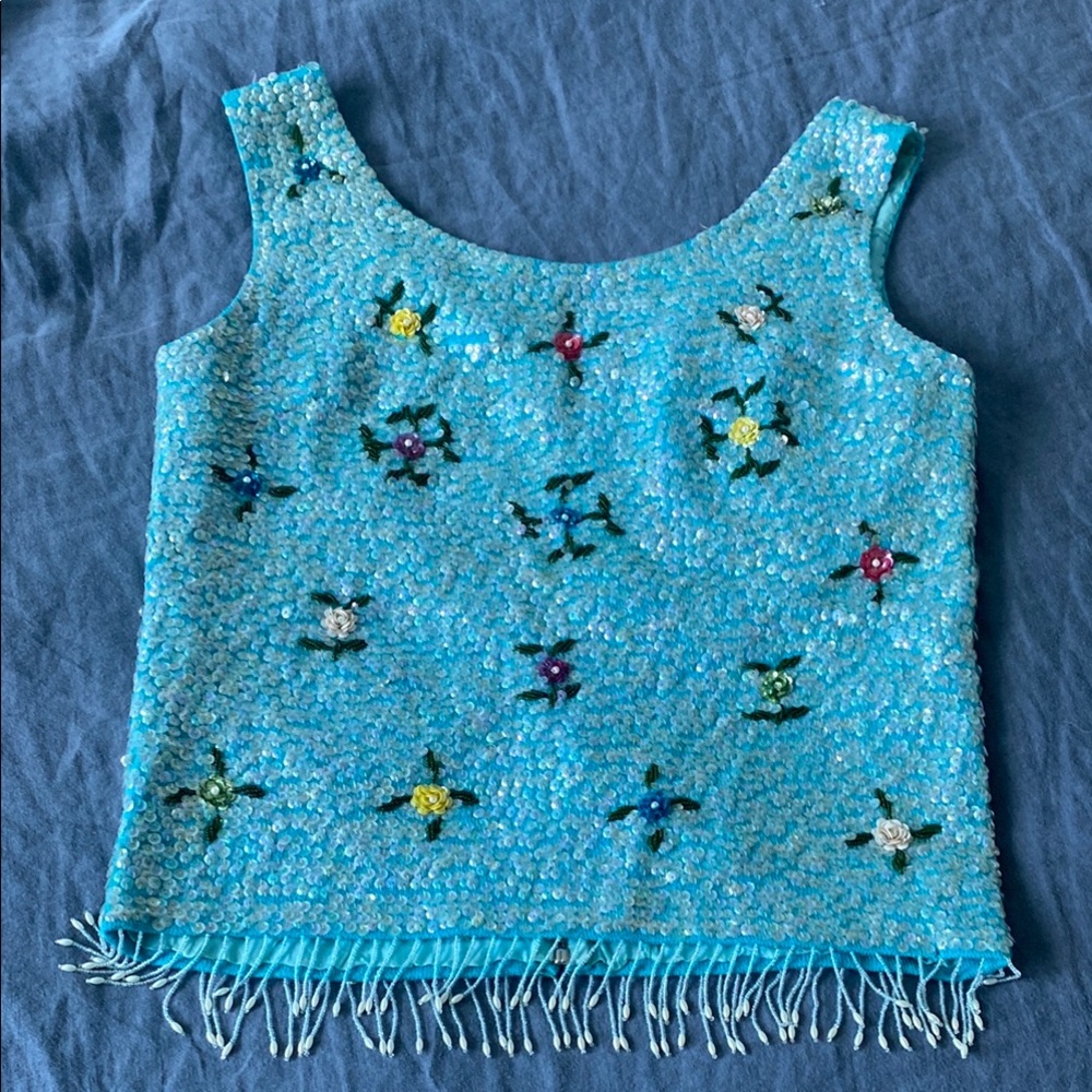 Vintage Embellished Beaded Top with Fringe